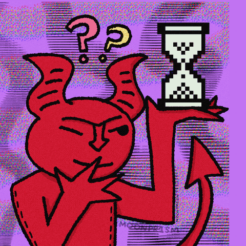 animation of Herald the devil holding an hourglass with the word 'lore' appearing.